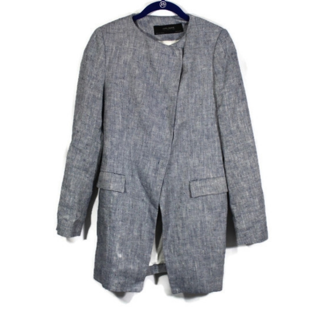 Zara Basics Collection Crossover Blue Textured Tweed Linen Jacket Blazer Medium 